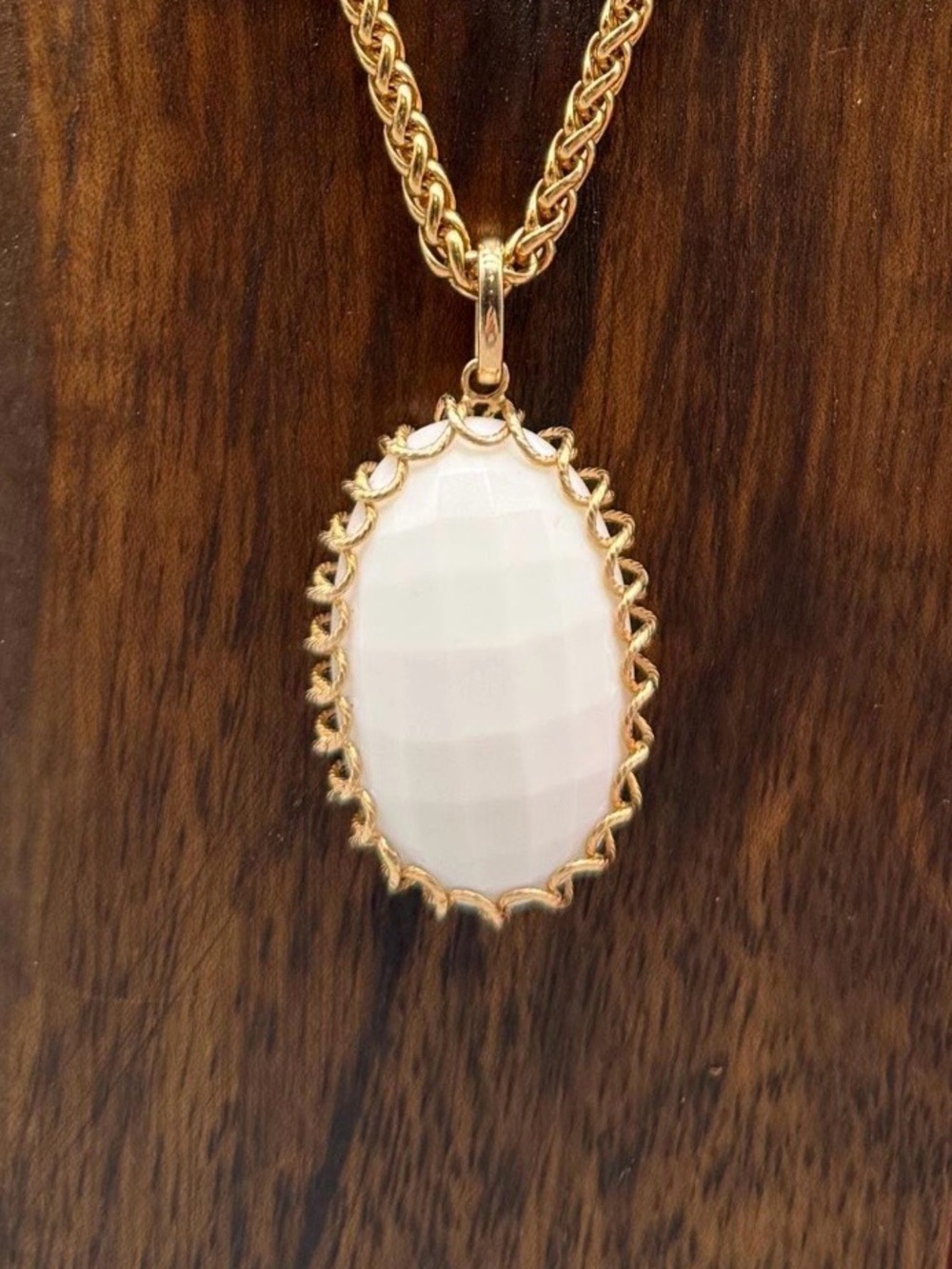 NEW Milor 14kt Italian Gold Pendant with Multi-faceted Oval White Agate Stone
